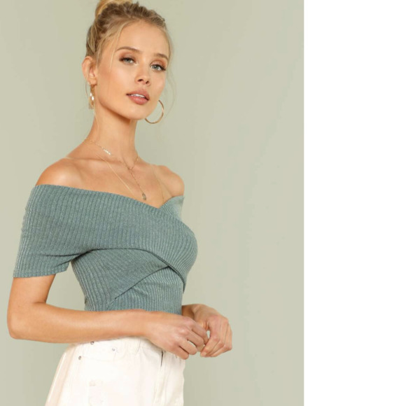 SHEIN Ribbed Off-the-Shoulder Crisscross Top - Picture 3 of 7